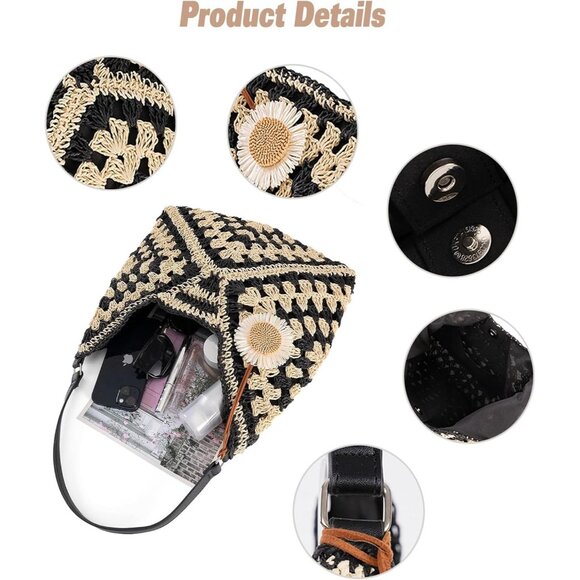 Women's Black Straw Beach Bag Vintage Hobo Shoulder Tote - Summer Bag for Travel - Picture 3 of 5